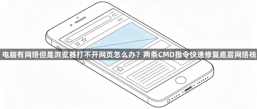 电脑有网络但是浏览器打不开网页怎么办？两条CMD指令快速修复底层网络栈1